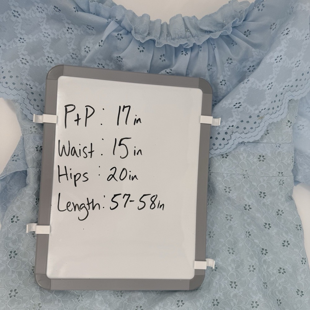 VTG 70s Peasant Dress Peanuts of California Baby Blue Eyelet Off Shoulder S - Picture 9 of 9